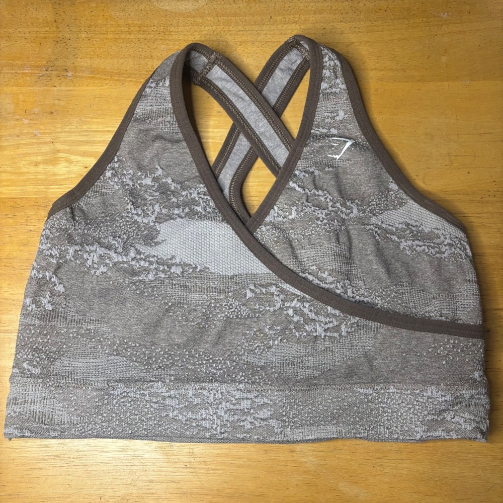 Gymshark Adapt Camo Seamless Sports Bra Taupe Brown Cross Back Size Large
